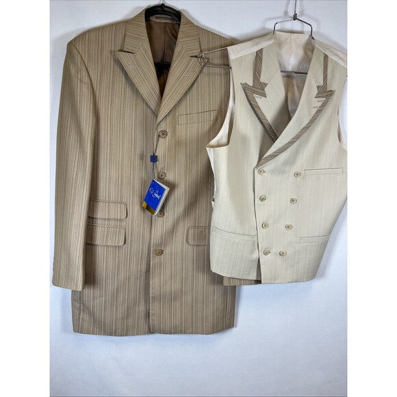 2pc EJ Samuel Tan Cream Stripe Sport Coat 4 Btn Jacket Blazer and Vest 38R New - Picture 1 of 8